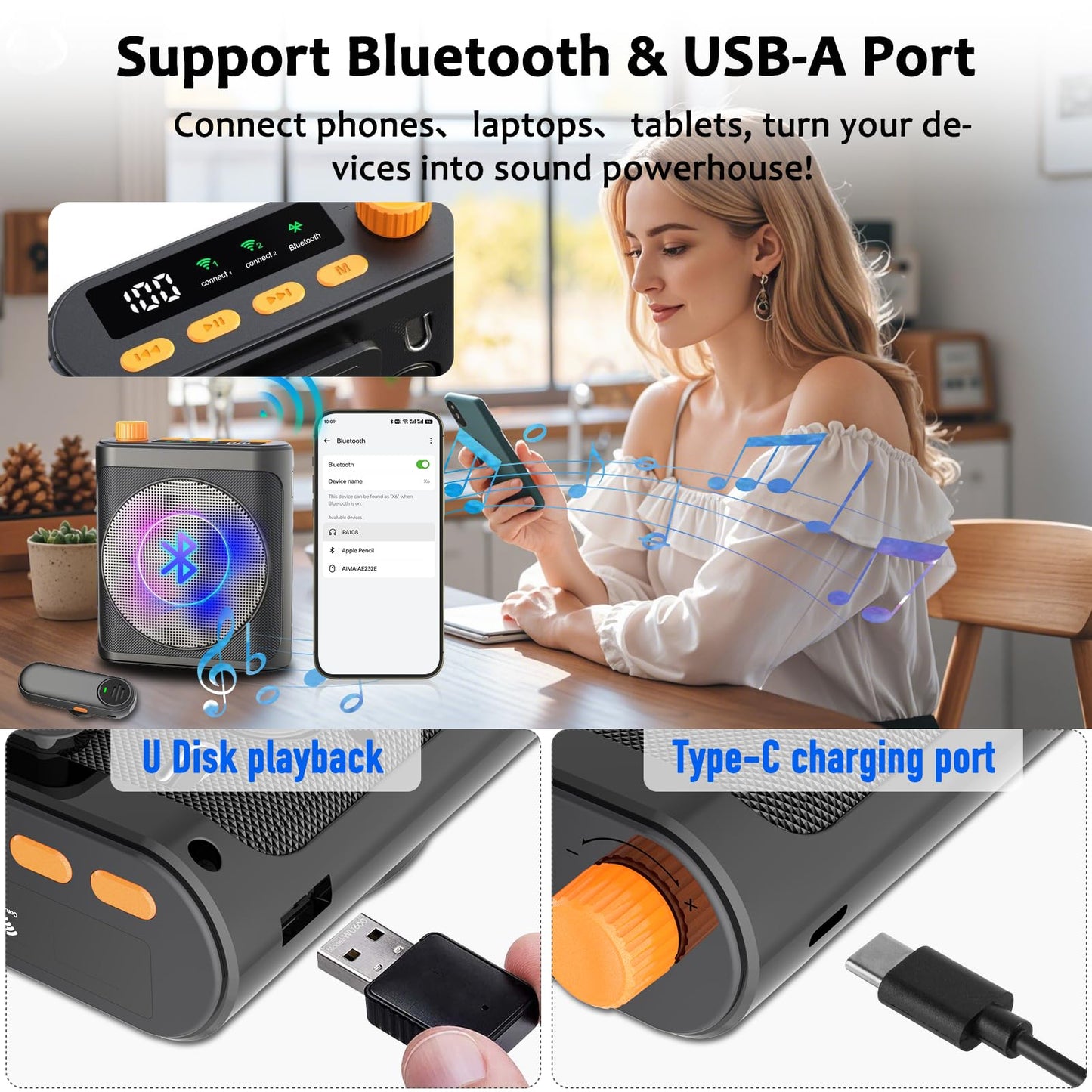 Voice Amplifier Wireless Microphone with Magnetic Lavalier, Bluetooth Voice Amplifier for Teachers with 2 Mic, Rechargeable Portable Microphone Speaker for Classroom, Yoga, Meetings, Speeches