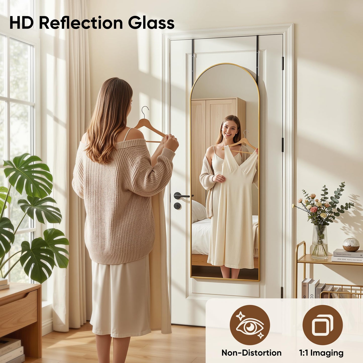 Homsion 58"x20" Over The Door Mirror, Arched Full Length Mirror with Aluminum Frame, Adjustable Hooks, Wall Mounted or Standing for Bedroom Living Room, Gold