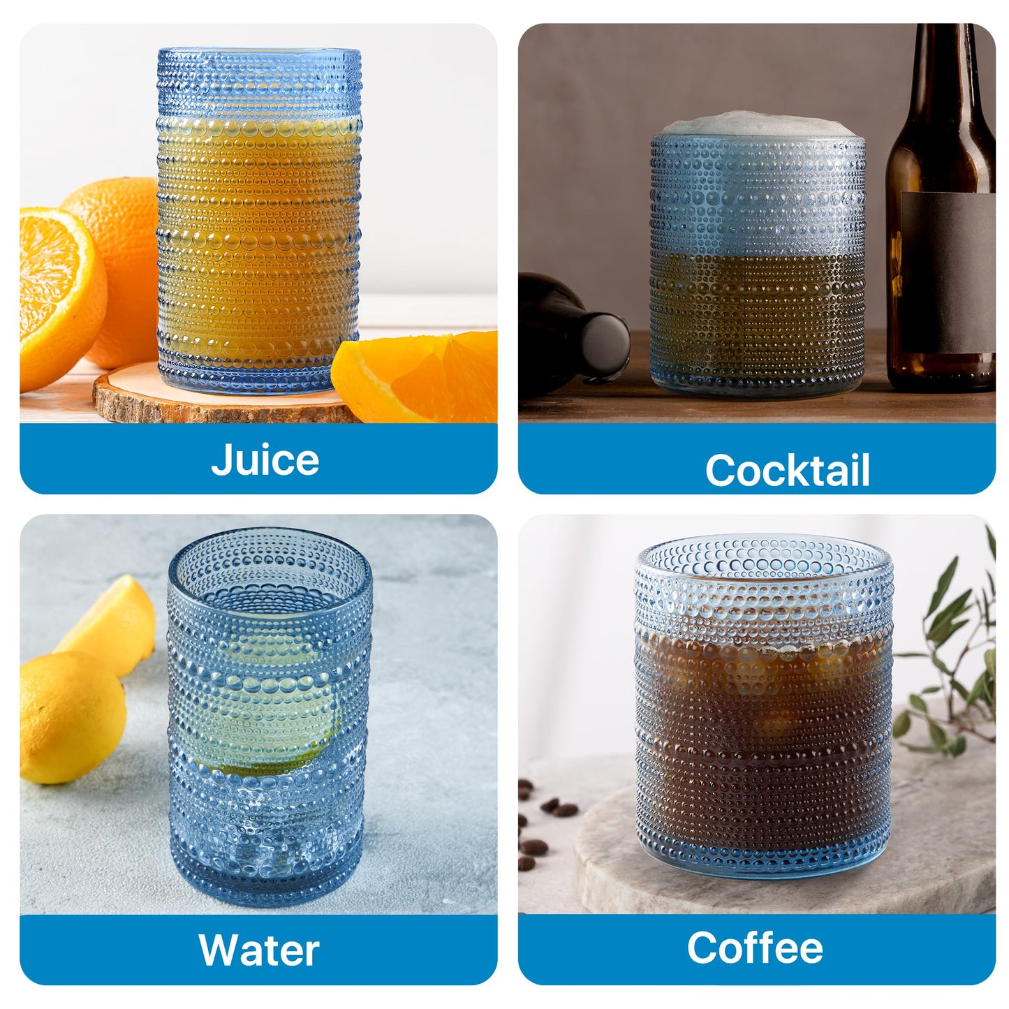 DmmyAlzx Hobnail Drinking Glasses Set of 12 Count, Vintage Glassware, Old Fashioned Glasses, 6 Highball Bubble Drinking Cups 14.5 oz, 6 Rocks Cups 10 oz with 6 Silicone Coasters, Blue