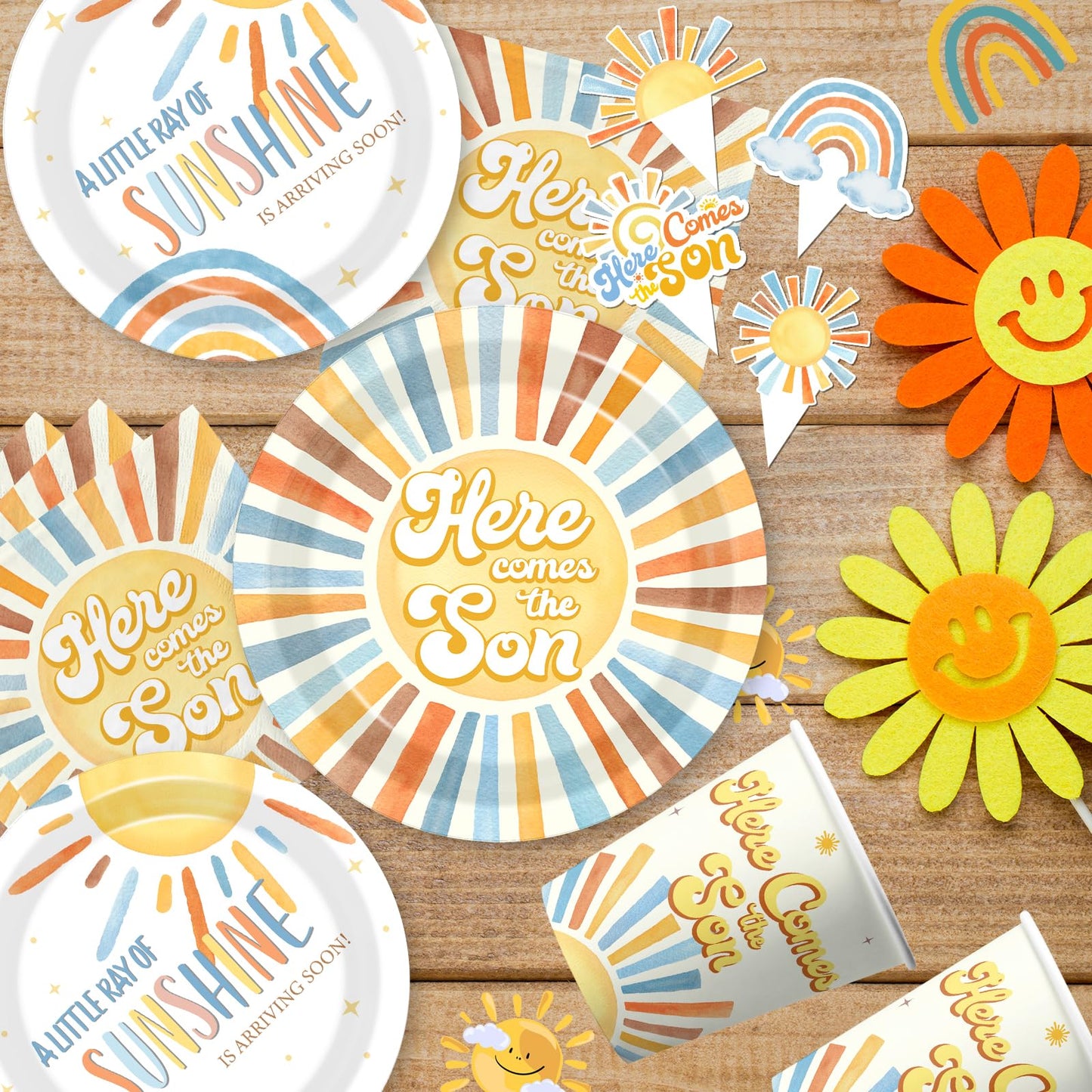 Here Comes the Son Baby Shower Decor for Boy, All-in-1 Boho Retro Sunshine Baby Shower Decorations with Balloon Arch Baby Boxes Rainbow Plates Napkins Cake Topper Tablecloth Backdrop It’s A Boy Decor