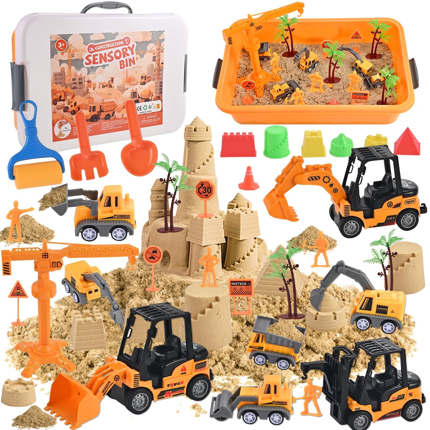 34 Pieces Sand Building Sites Sensory Toy Set for Toddlers with 8 Vehicles, 6 Castle Molds, 5 Road Signs, 4 Worker Figures, 2.2 Sand