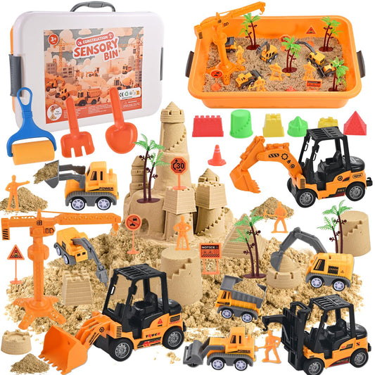 34 Pieces Sand Building Sites Sensory Toy Set for Toddlers with 8 Vehicles, 6 Castle Molds, 5 Road Signs, 4 Worker Figures, 2.2 Sand