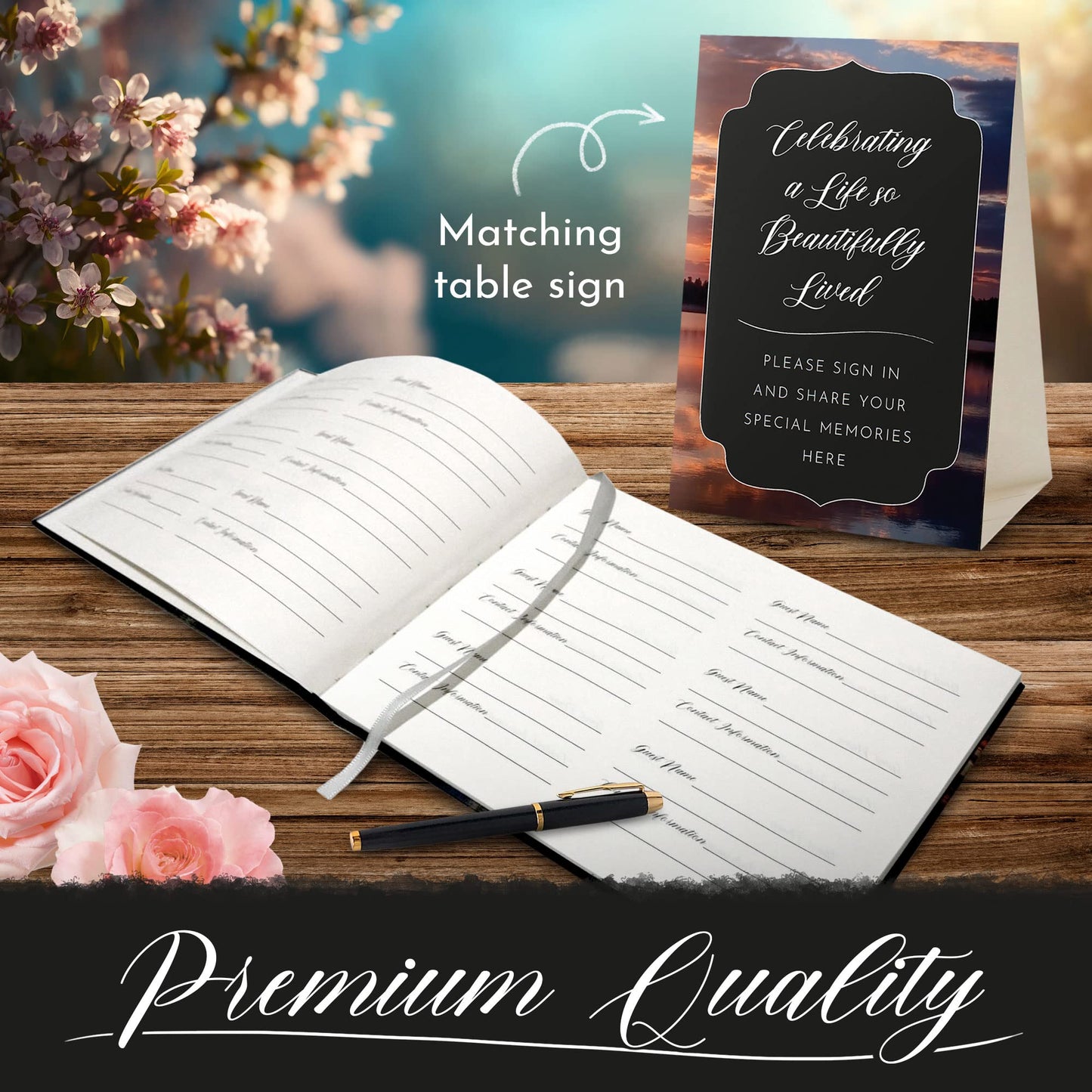 All-In-One Funeral Guest Book Set – Elegant Memorial Guestbook, Funeral Register Book, 60 Memory Cards, Collection Box, Black Pen, Table Sign, Celebration of Life Guest Book, Memorial Keepsake
