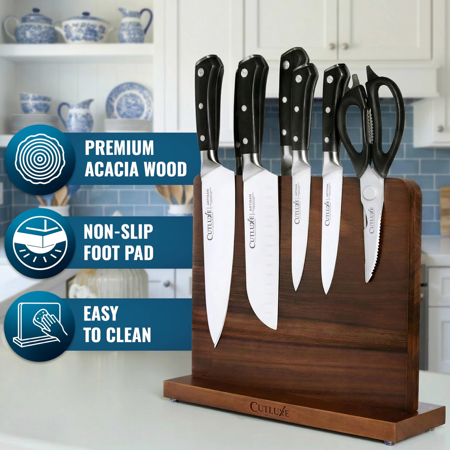 Cutluxe Magnetic Knife Block - Double Sided Acacia Wood Knife Holder, Strong Magnetic Strips, Universal Fit Knife Storage Stand