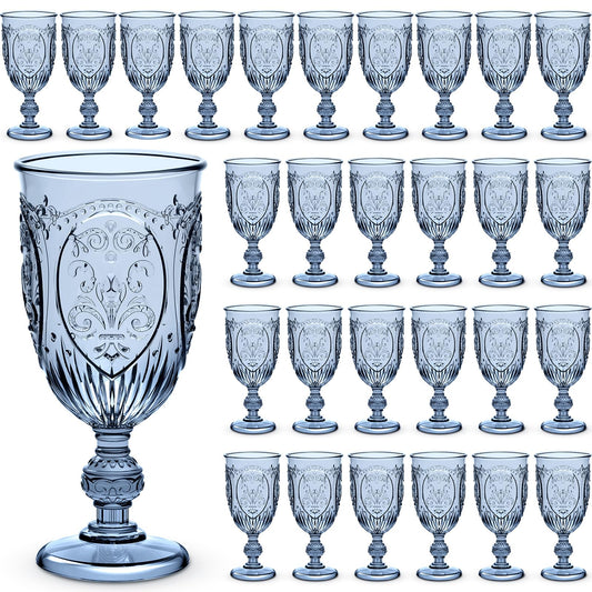 Wiwiqing 48 Pcs Plastic Goblets 7.5oz Vintage Goblet Plastic Wine Glasses Colored Retro Embossed Water Goblets for Wine Bar Juice Baby Shower Wedding Reception Grand Event Party (Blue)