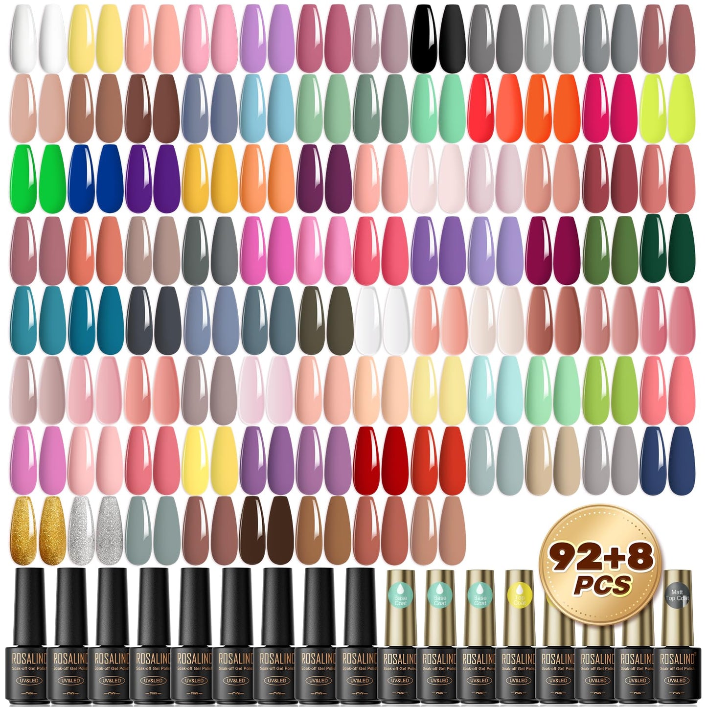 ROSALIND 100PCS Gel Nail Polish Set, 92 PCS Colors Gel Polish Set with 8 Bottles of Base and Glossy Matte Top Coat Starter Gel Nail Set Suitable for All Seasons Gift for Women