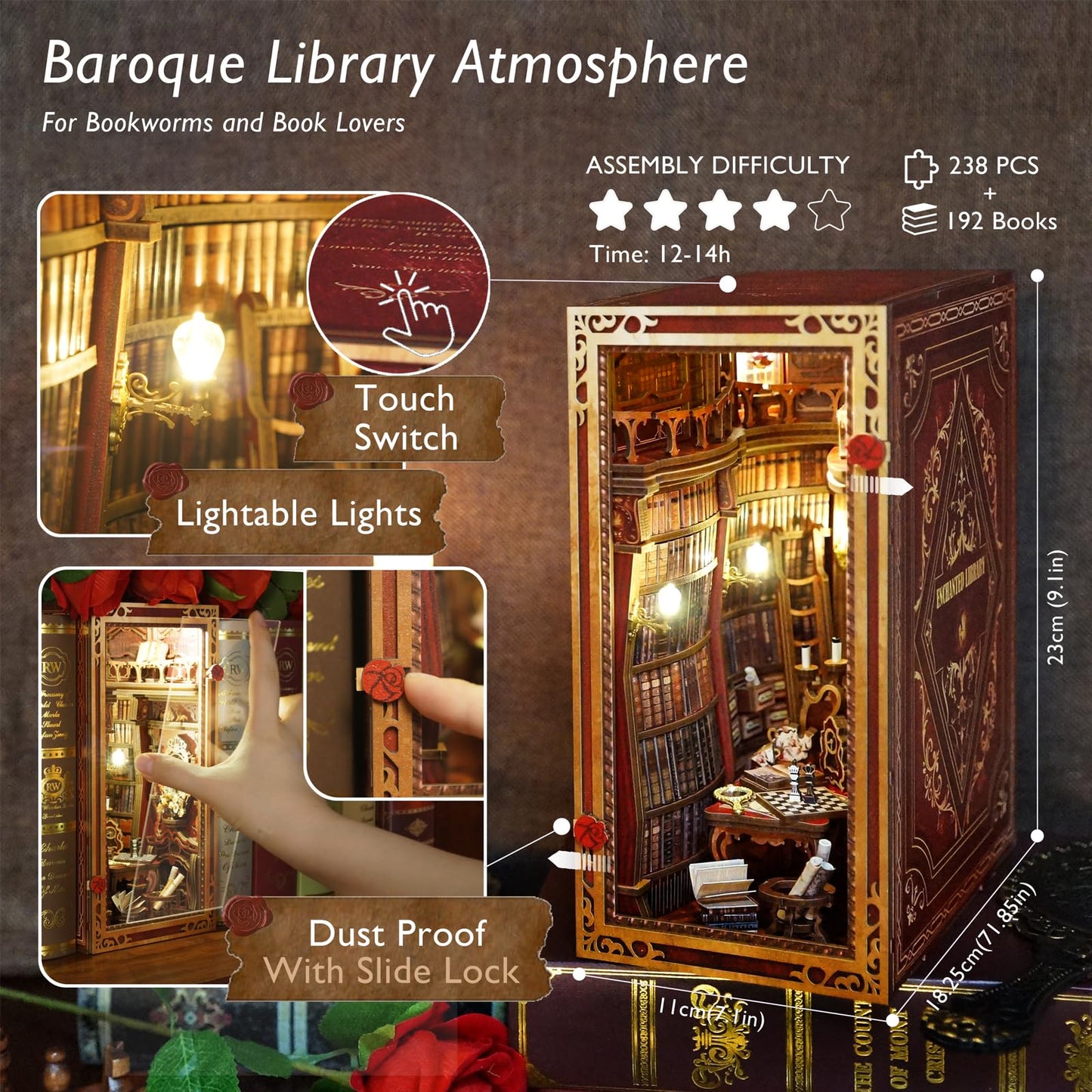 JOOHOUR DIY Book Nook Kit, Beauty and The Beast, Dollhouse Miniature, Booknook Bookshelf Insert Decor Alley 3D Wooden Puzzle, Bookends Model Building Kit with LED Light for Adults, Enchanted Library