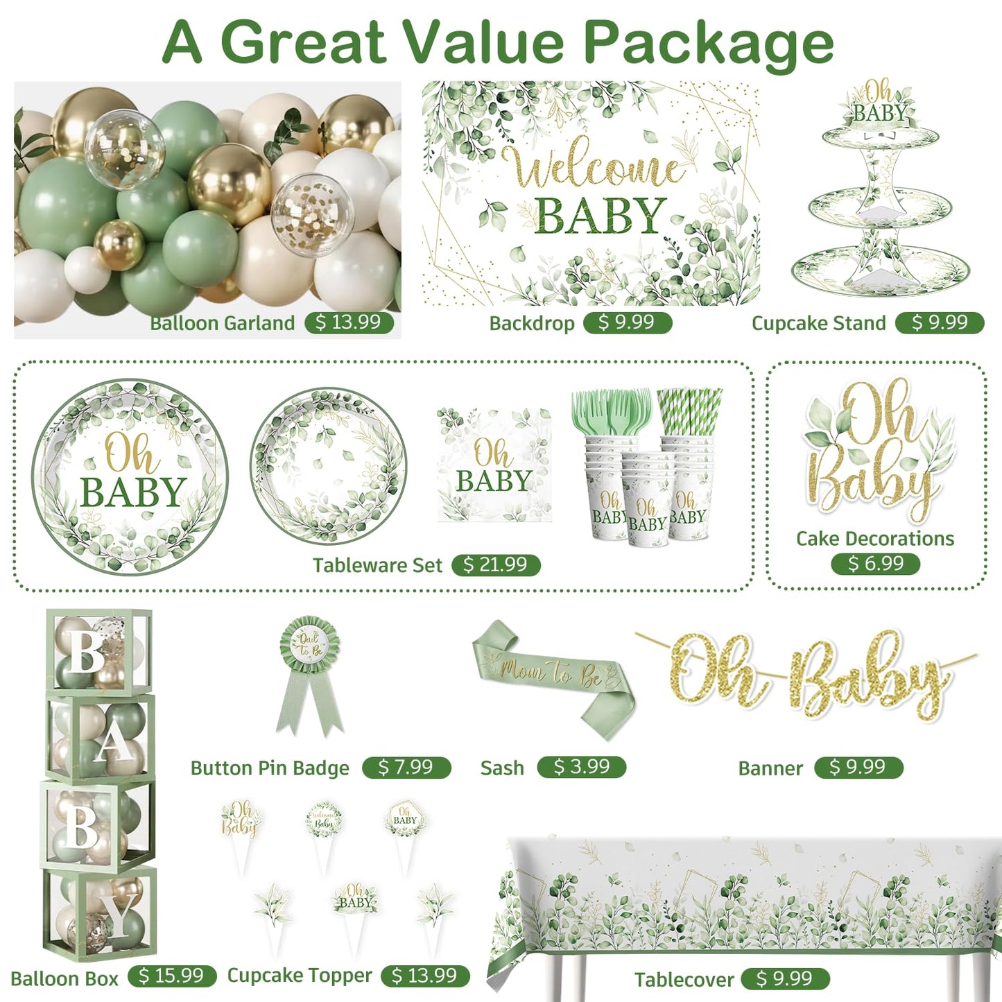 Fexivo 286 Pcs Sage Green Baby Shower Decorations Set-Serves 25 Guests -All-in-One Gender Neutral Party Supplies Kit Includes Balloon Arch, Backdrop, Tableware Set, and Sash