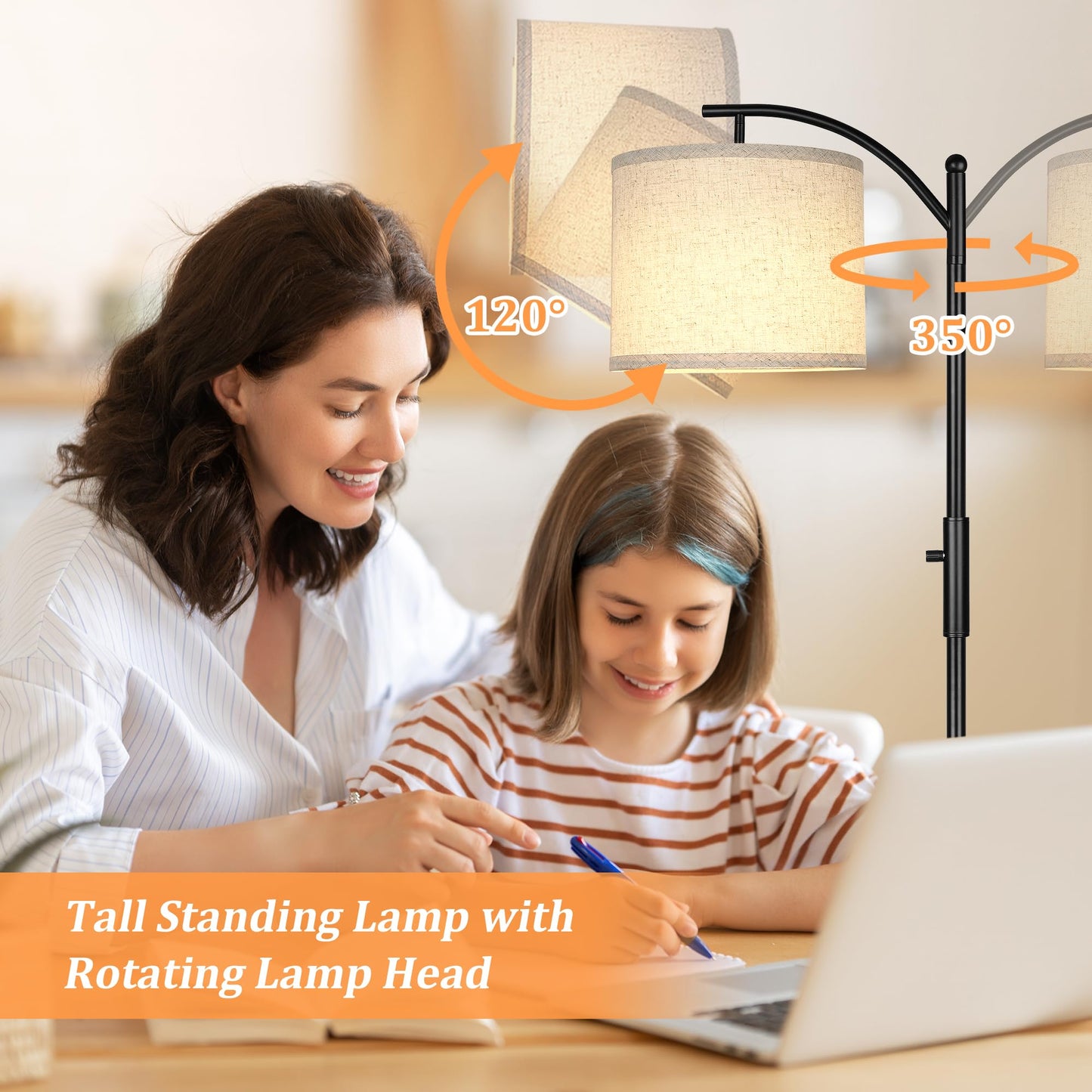 Dimmable Floor Lamp, Arc Floor Lamps for Living Room, Stepless Dimming Modern Standing Lamp with Linen Shade, Tall Lamp for Bedroom Office Dining Room- Black