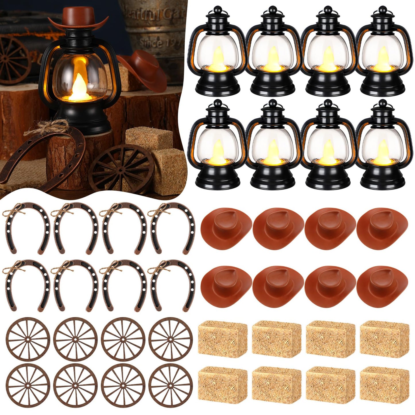 Ferraycle 60 Pcs Cowboy Theme Party Decoration Western Party Decor Rodeo Table Centerpieces Rustic Country Mini Cowboy Hat Lantern Horseshoe Wagon Wheel Hay Bales for Adult Cowgirl (Brown)