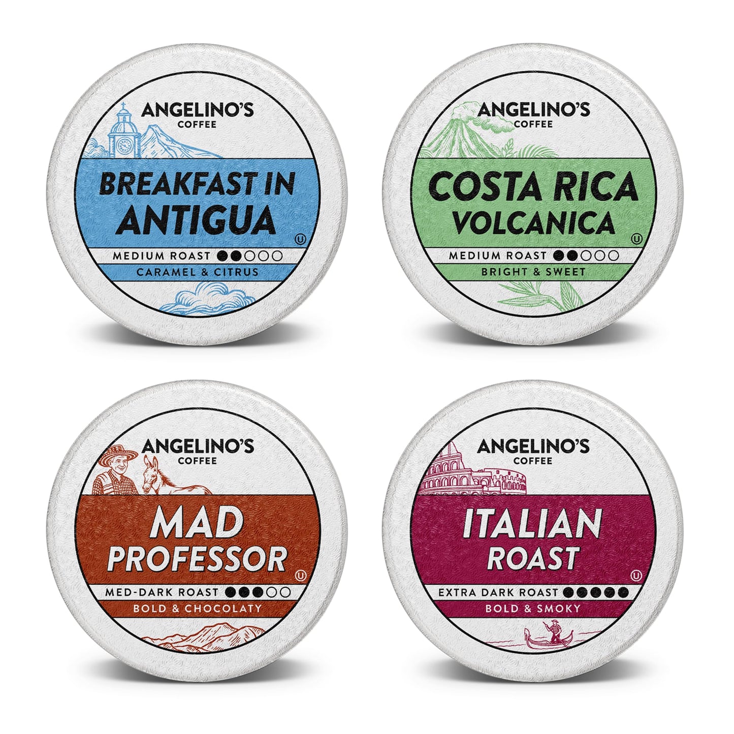 Angelino's Coffee Reserve Variety Pack, 96 Count – 4 Premium Single-Origin Blends, K Cup Compatible for Keurig – Italian Roast, Mad Professor, Breakfast in Antigua & Costa Rica Volcanica