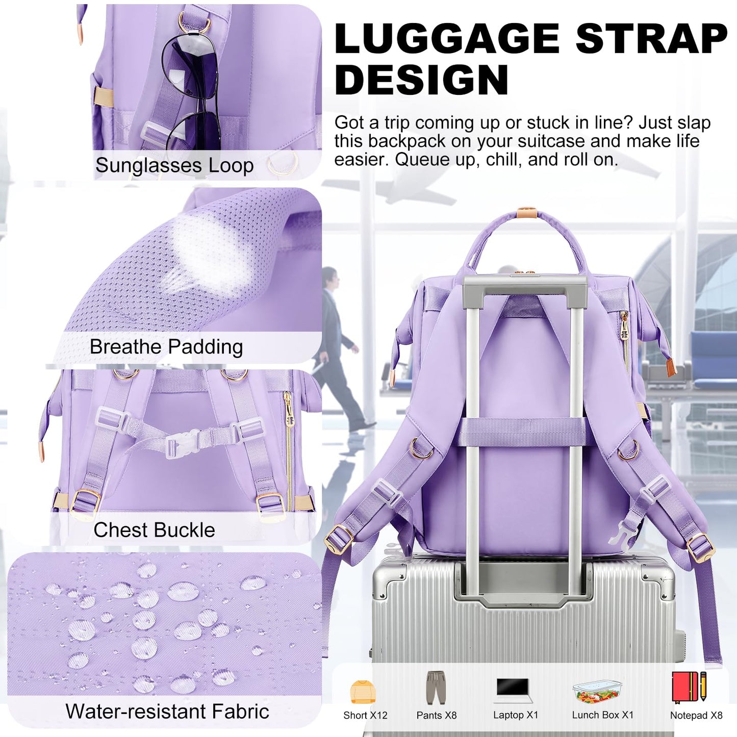 AIJIEKE Lunch Backpack for Women, 15.6 Inch Laptop Backpack with Detachable Insulated Cooler Lunch Box, 2-in-1 Water Resistant Work Computer Bag for Nurse Teacher College Commute, Purple