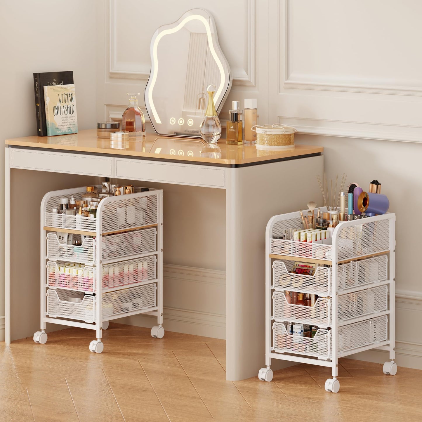 Rolling Makeup Cart Organizer with 3 Drawers, 4-Tier Narrow Floor Skincare Organizers with dividers, Vanity Organizer Cosmetics Display Cases for Makeup Brush, Hair Tool, White