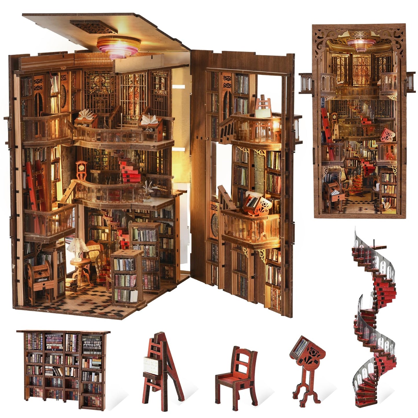 CCCDF Book Nook Library Kit, DIY Miniature Dollhouse Booknook Kit, 3D Wooden Puzzle Bookend Bookshelf with LED Light for Adults Teens (Abbey Library)