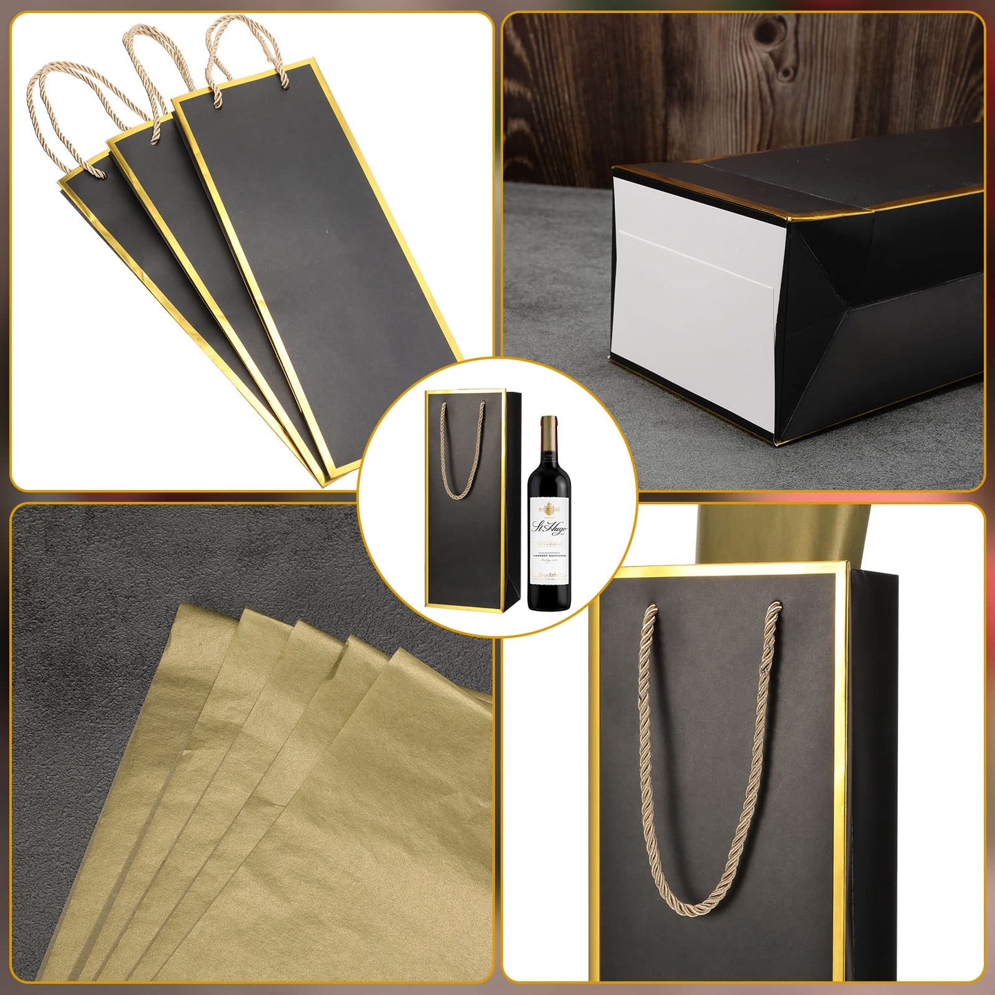 TaoBary Black Wine Gift Bags and Gold Wrapping Paper Set Wine Bags for Bottle Bulk 4 x 5 x 13 Inch Champagne Gift Paper Bags with Handles for Appreciation Wedding Party Anniversary(50 Packs)