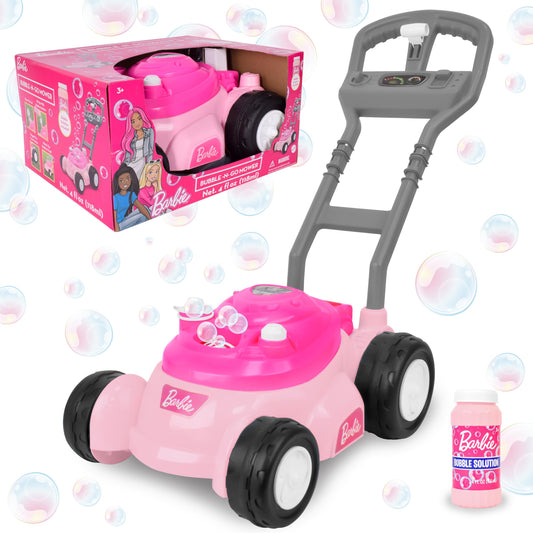 Barbie Bubble Lawn Mower for Toddlers, Bubble Blowing Machines, Indoor and Outdoor Gardening Toy, Birthday, Party Favor for Prechool Girls No Batteries, Includes Bubble Solution, 2+