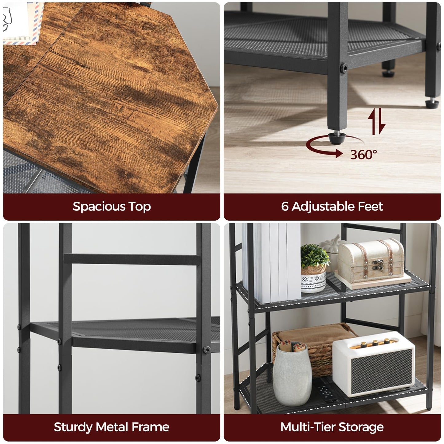 MAHANCRIS Corner Printer Stand with Charging Station, 3-Tier Large Printer Table with Adjustable Feet, Metal Frame Storage Shelf for Office, Living Room, Small Space, Rustic Brown PTHR14E01
