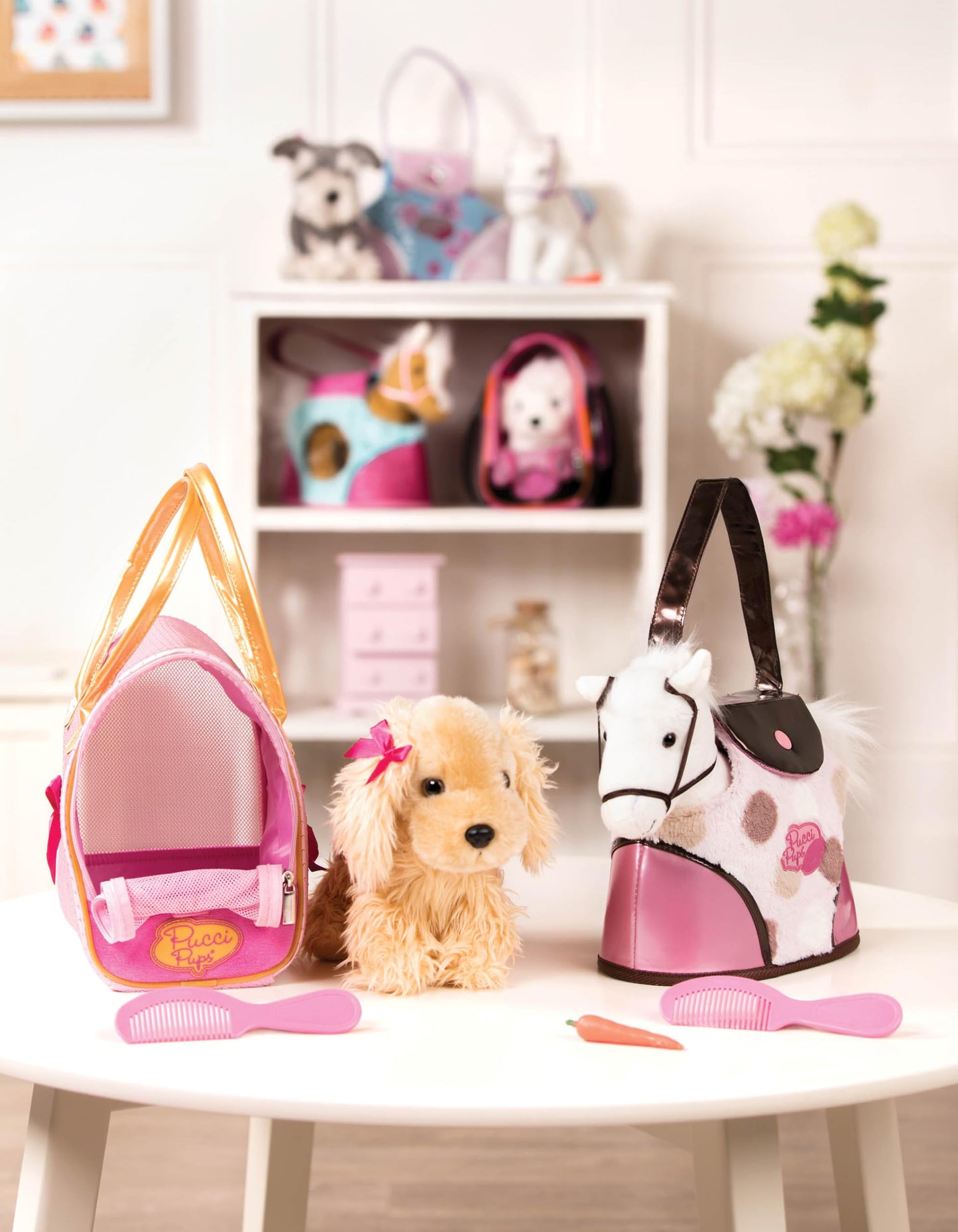 Pucci Pups – Plush Puppy – Carrier Bag – Golden Dot Glam Bag & Cocker Spaniel – Comb & Purse – Stuffed Animal – 2+ Years