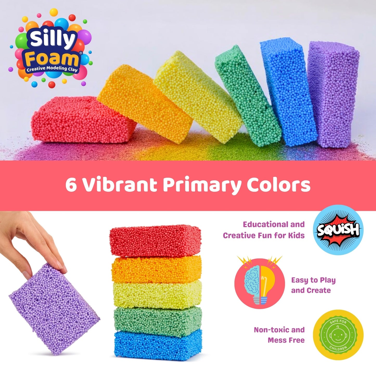 Silly Foam, Creative Modeling Foam Beads, 2-Pack Primary Colors, Perfect for Preschool and Kids, Arts & Crafts, STEM, Sensory Play, Non-Toxic (Age 3+)