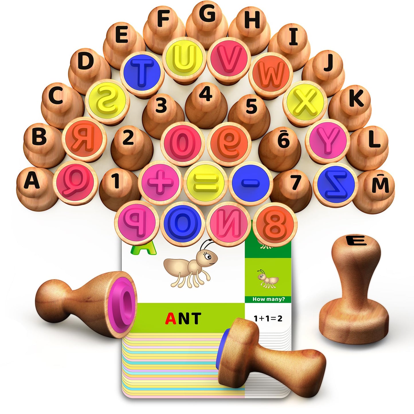 Montessori Wooden Alphabet & Number Stamps for Kids, Essential ABC 123 Learning Stampers for Ages 3-5, Preschool Homeschool Must-Haves Classroom Gift