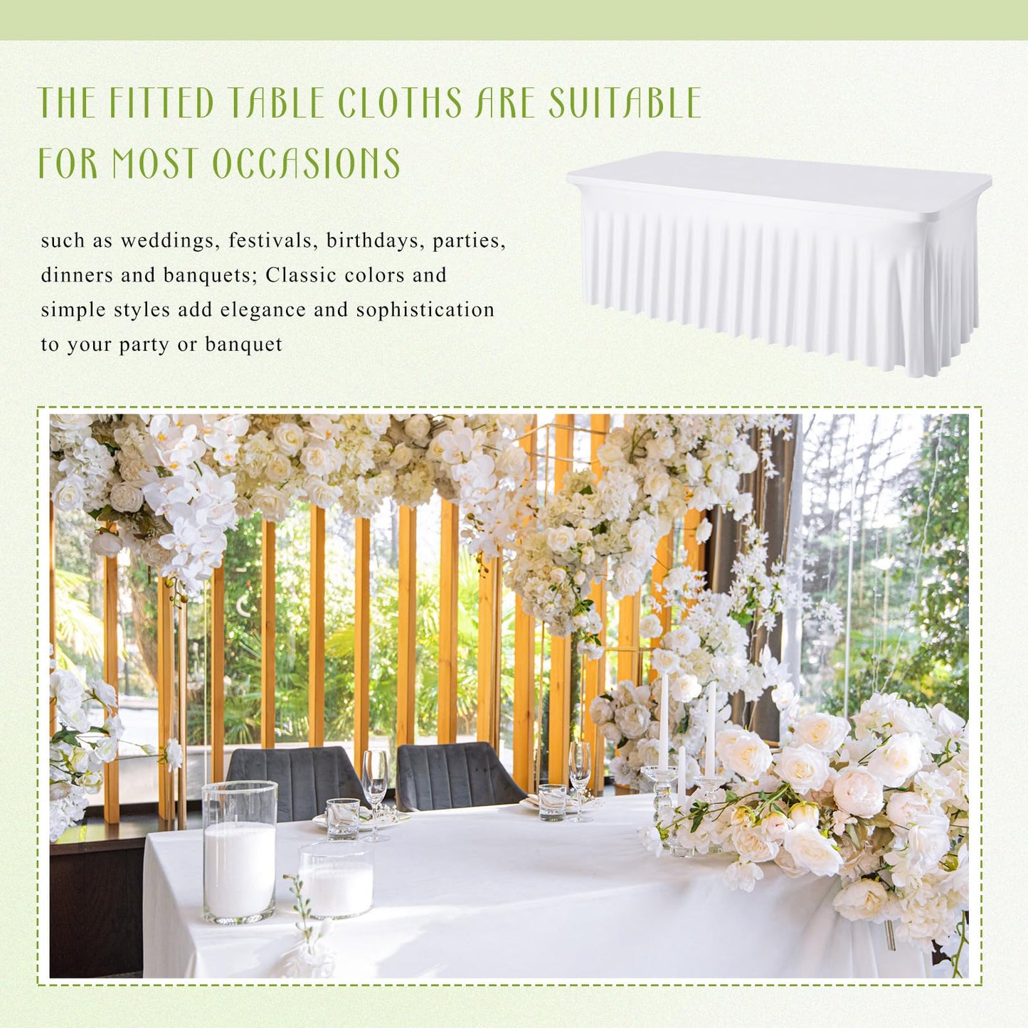 Newwiee 3 Pcs Spandex Table Skirt for 6ft Rectangle Tables 6 Foot Folding Tables Tablecloth Wrinkle Resistant Ruffles Elastic Table Cover and Table Skirt for Banquets, Weddings, Parties (White)