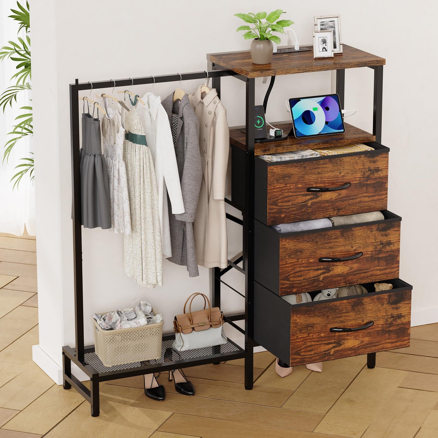 ZHNSYDN Dresser for Bedroom with Hanging Rack, 3 Drawers Closet with Charging Station, Fabric Chest of Drawers with Clothes Rack, Storage Organzier for Hallway Entryway, Brown
