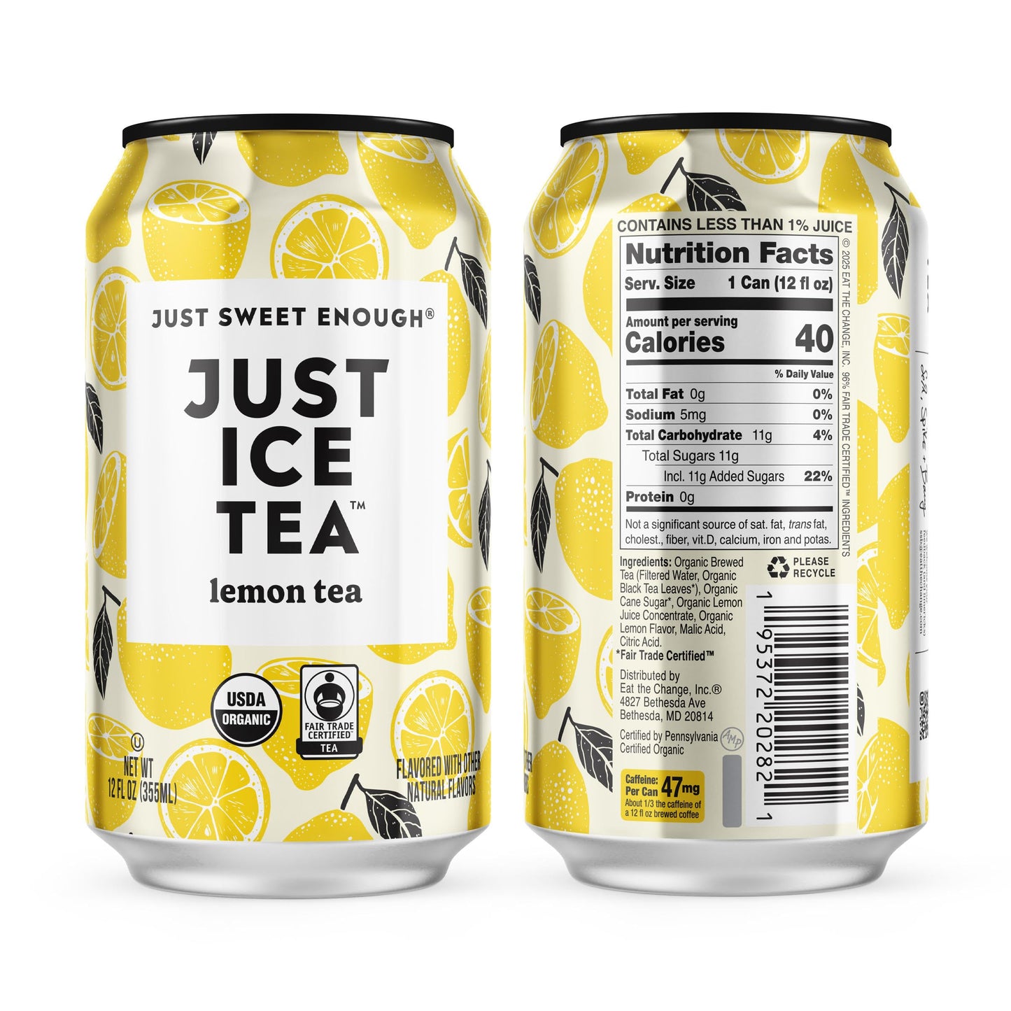 Just Ice Tea, Lemon Flavored Black Iced Tea, 24-Pack (12oz Cans), USDA Certified Organic, Real Brewed, Low Calorie, No Artificial Sweeteners, Fair Trade, Made in USA.