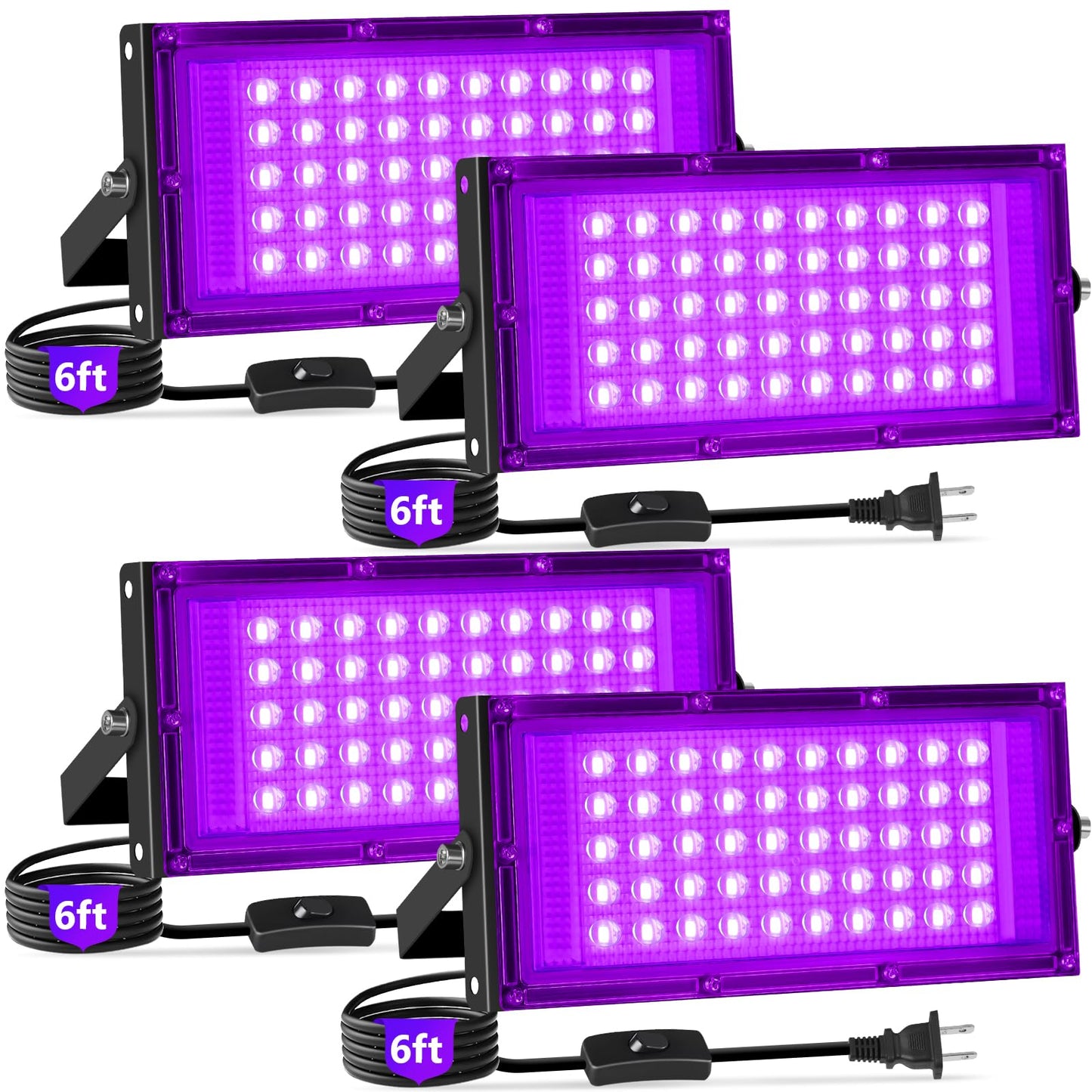 50W Black Lights with Switch+Plug, IP66 Waterproof, LED Blacklight Flood Light for Glow Party, Halloween, Bedroom, Fluorescent Poster, Body Paint, 4 Pack