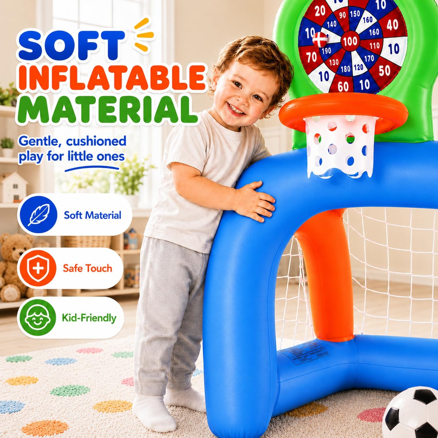NIBBaNACAL Inflatable Toddler Sports Center – Basketball Hoop & Soccer Goal, 3-in-1 with Sticky Ball Target, Soft & Safe Indoor/Outdoor Set, Ages 2–6