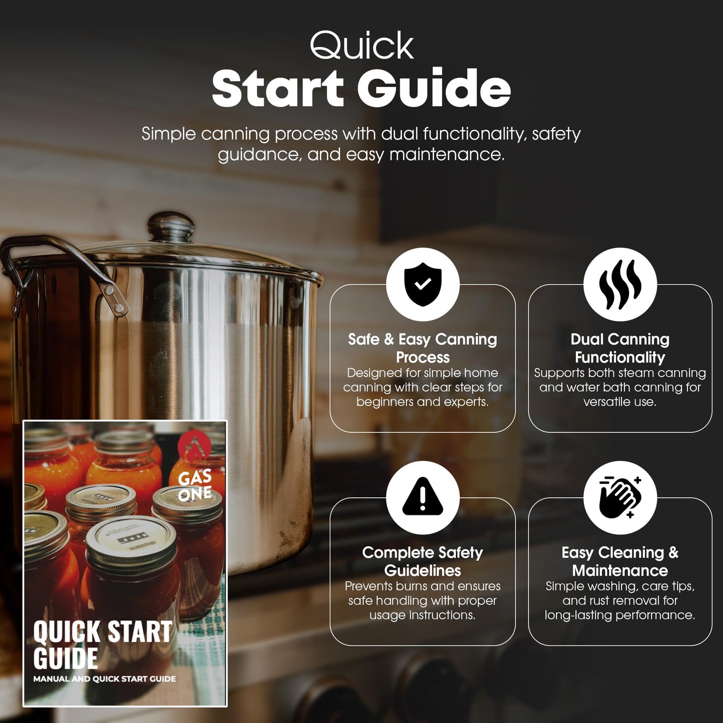 GasOne Canning Pot with Canning Supplies, Lid, Funnel, Jar Tongs, Magnetic Lid Lifter, Bottle Opener – Stainless Steel Canner with Riveted Handles, Induction Ready Tri-Ply Bottom
