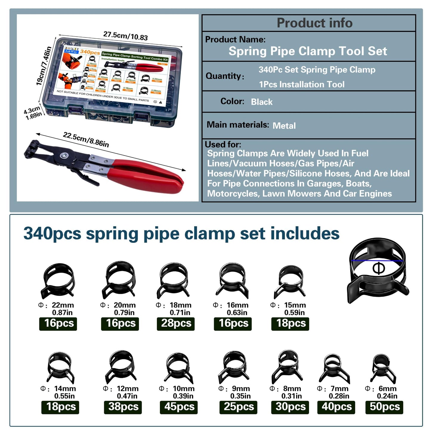 ASKWAY 340pcs Spring Pipe Clamps, With Spring Pipe Clamp Tools, 12 Sizes 6-22mm Spring Hose Clamps, Used To Fix Hose Interfaces In Automotive, Marine, Gardening, Industrial Applications