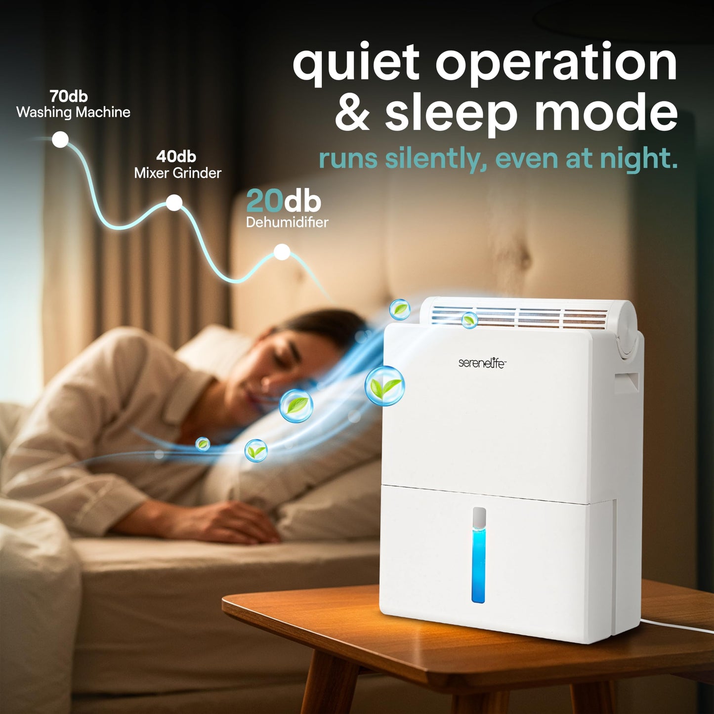 SereneLife 2-in-1 91 Oz Dehumidifier For Home, Bedroom, Bathroom, Basement with Removable Cylinder & Drying Base, Timer, Sleep Mode, & Smart Humidity Control, Covers 1200 Sq Ft 9 x 6 x 13 in, White