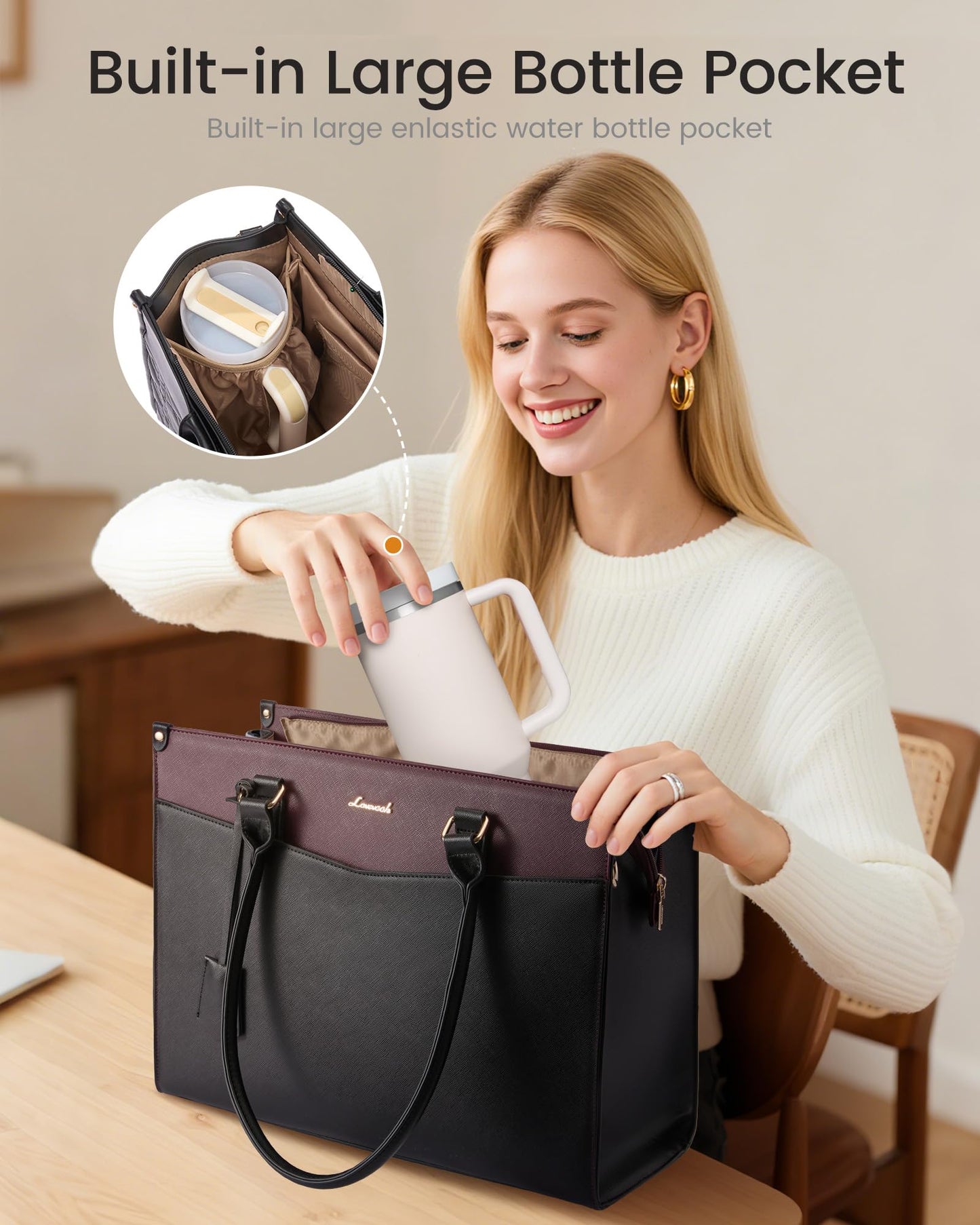 LOVEVOOK 15.6 inch Laptop Bag for Women, 2-in-1 Multi-Pocket Leather Tote Purse with Elegant Clutch & Cup Holder, Waterproof Large Structured Capacity Work Briefcase for Office Travel, Wine Red-Black