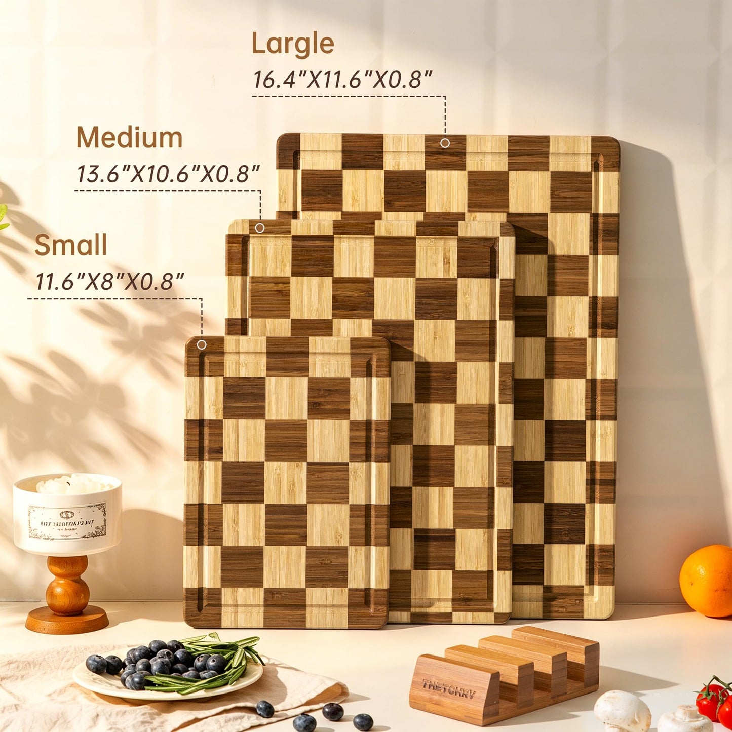THETCHRY Bamboo Cutting Board Set, Checkered Wood Cutting Boards for Kitchen with Juice Groove, Non Toxic Wooden Charcuterie Boards, Non Slip Chopping Board for Meat Fruit Cheese, Housewarming Gift