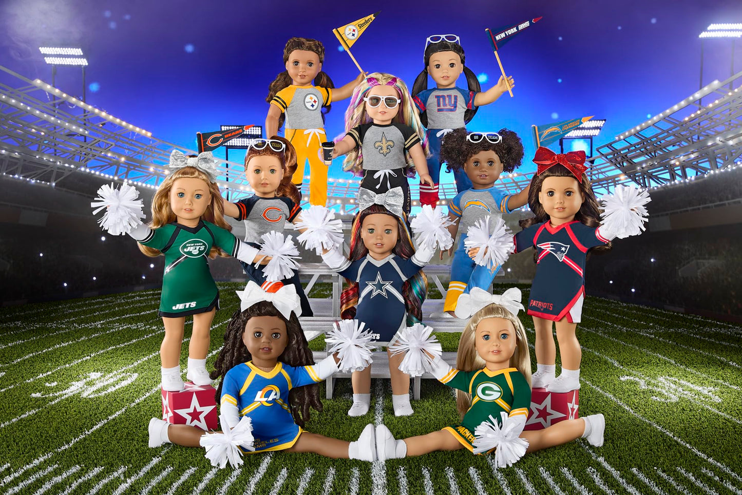 American Girl New England Patriots Cheer Uniform 18 inch Doll Clothes with Pom Poms, Navy and Red, 5 pcs, Ages 6+