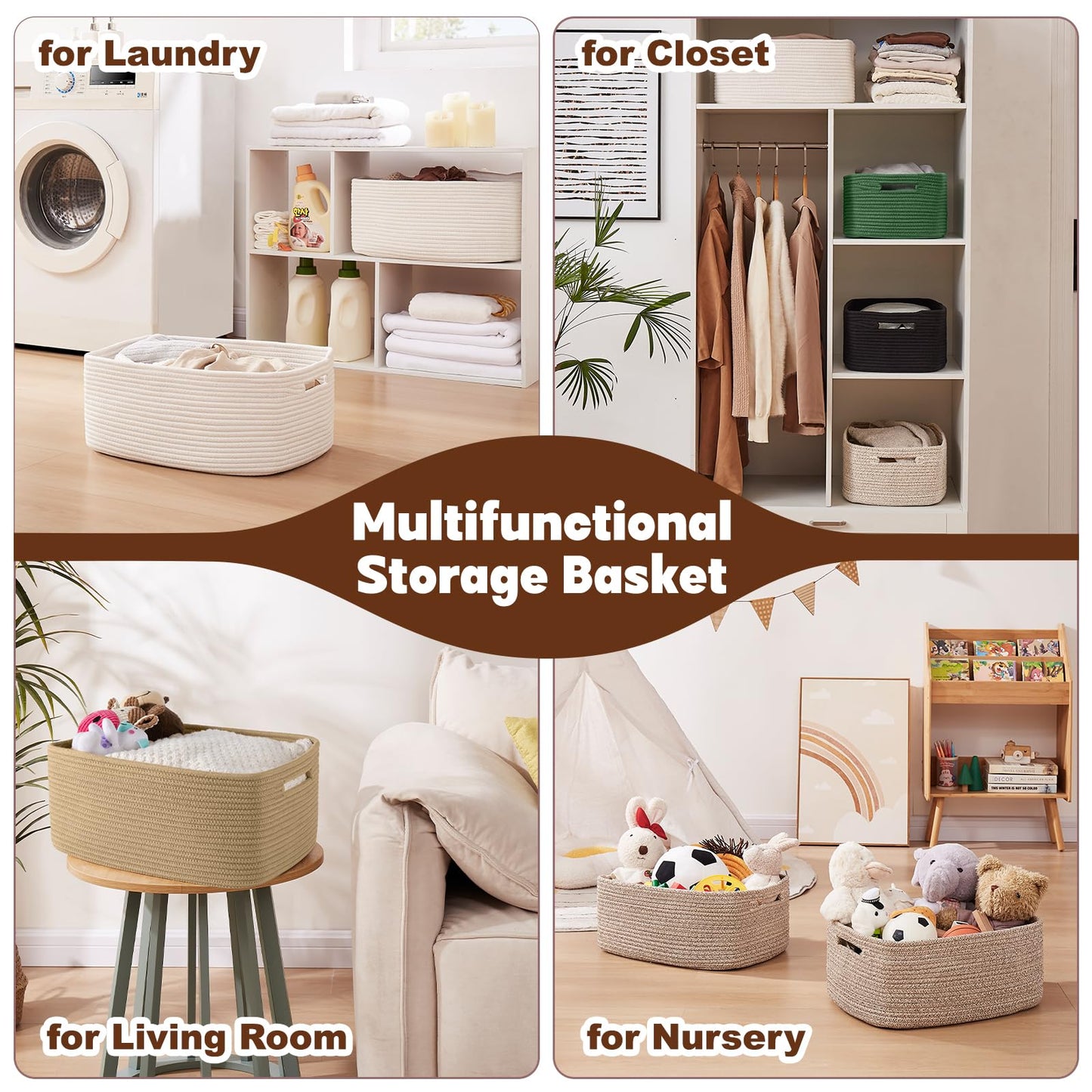 OIAHOMY Storage Basket for Shelves, Closet Cube Storage Bins Baskets for Clothes Blanket Towels, Baby Nursery, Toy Baskets Box, Woven Rope Basket, 17.72 * 12.99 * 7.87 IN, 2 Packs Brown