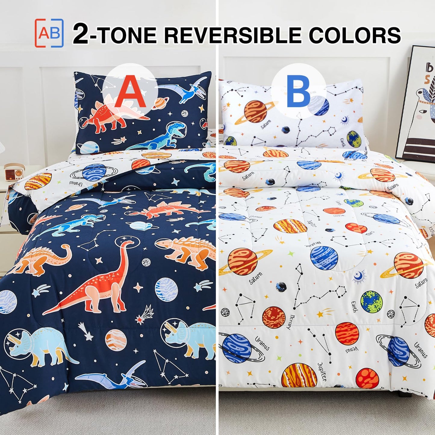 A Nice Night 5pc Glow in The Dark Kids Comforter Set,Dinosaur Galaxy Printed, Space Bedding Set Full Size for Boys Girls Teen
