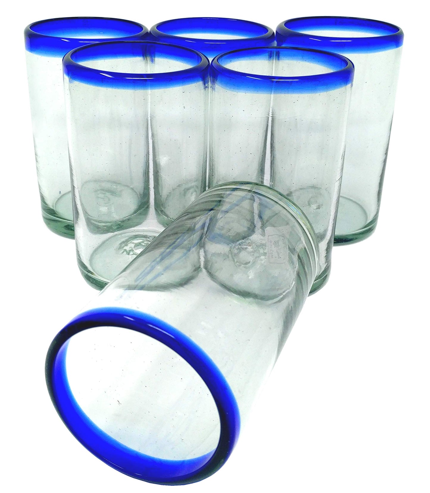 Dos Sueños Hand Blown Mexican Drinking Glasses - Set of 6 Glasses with Cobalt Blue Rims (14 oz each)