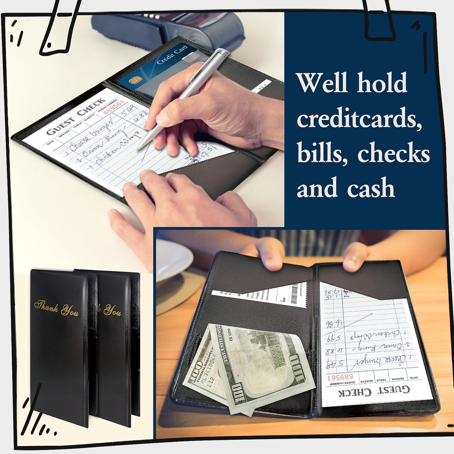 50 Pcs Check Presenters for Restaurants 4 x 8 inch Guest Check Presenters for Restaurant Black Card Bill Holder Receipt Check Holders with Guest Checkbook for Servers Waitress Waiter