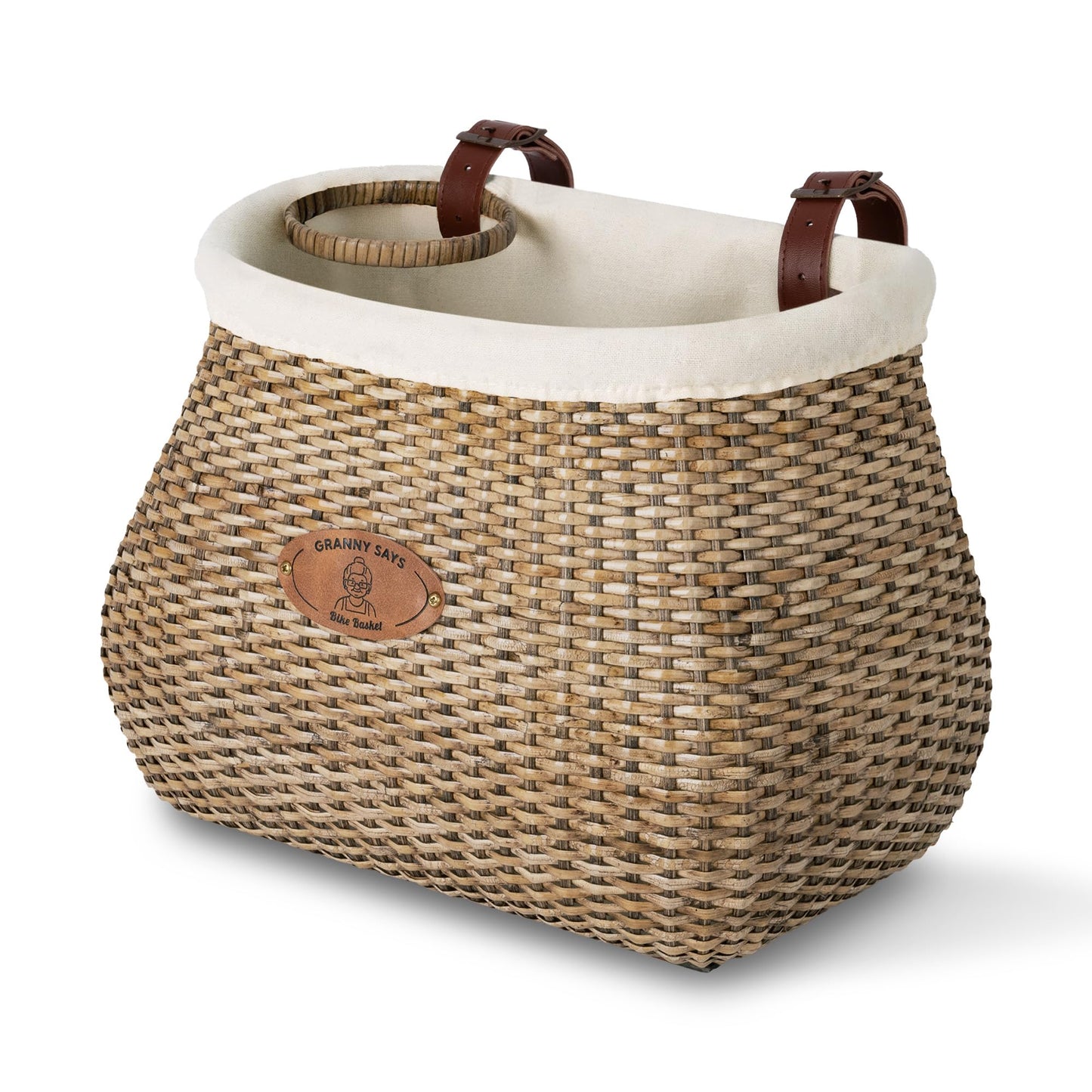 GRANNY SAYS Bike Basket Front, Natural Rattan Wicker Bike Baskets, Bicycle Basket with Cup Holder, Handmade Woven Bike Baskets for Women and Men, Storage Basket for Beach Cruisers, Ebikes Set of 1