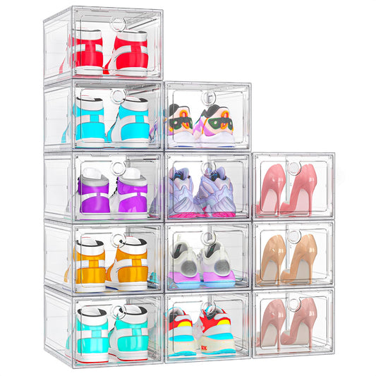ARSTPEOE 12 Pack Upgrade Harder Shoe Organizer, Shoe Storage with Magnetic Front Door, Clear Shoe Boxes Foldable Space-Saving Shoe Rack for Sneaker Boot Container, White
