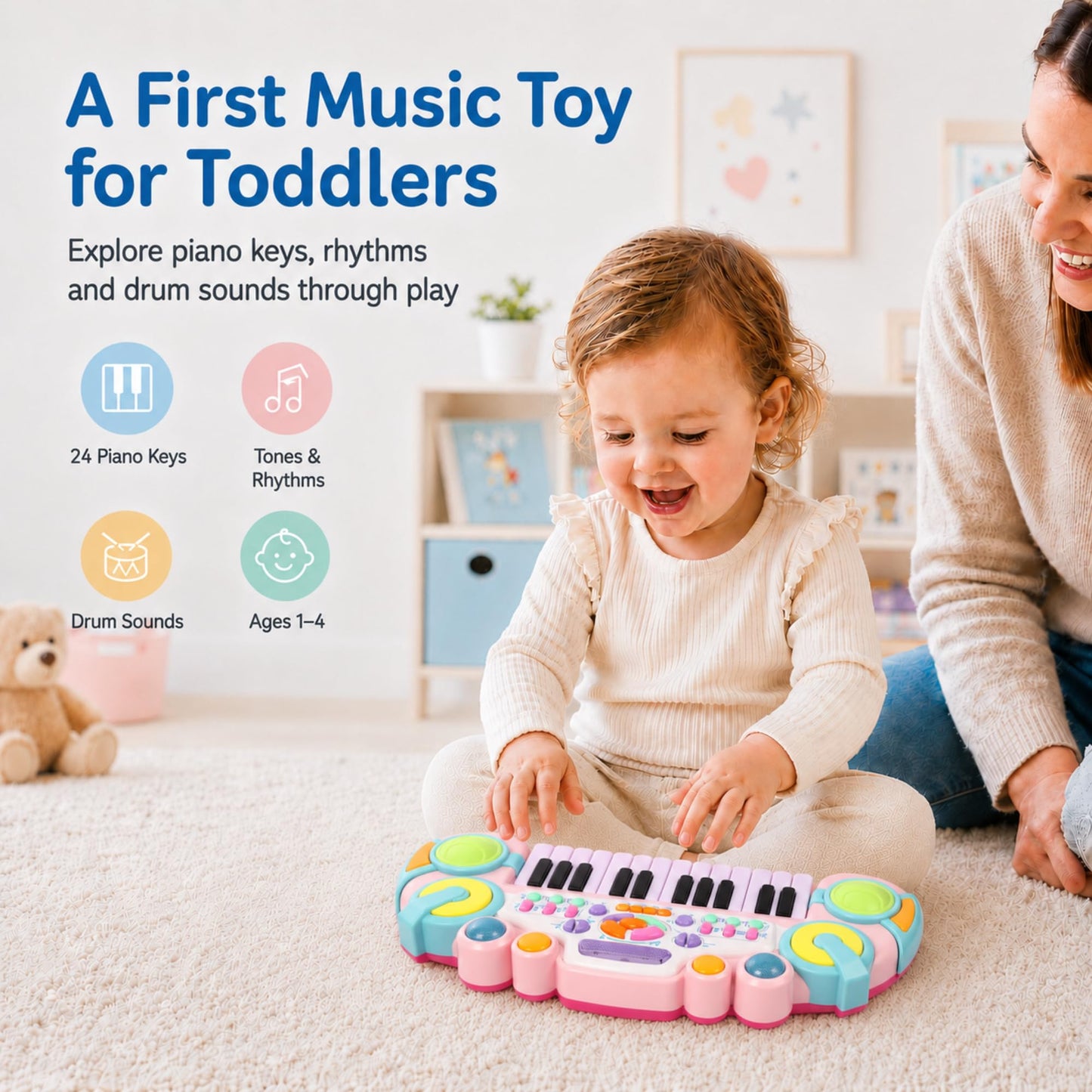 Cozybuy Toddler Piano Toy Keyboard, 24 Keys Toy Piano for Baby, Multifunctional Baby Pianos Girl Toys Kids Pianos Keyboard Toys for Toddlers, Birthday Christmas for 1-6 Years Old Boys Girls Gifts