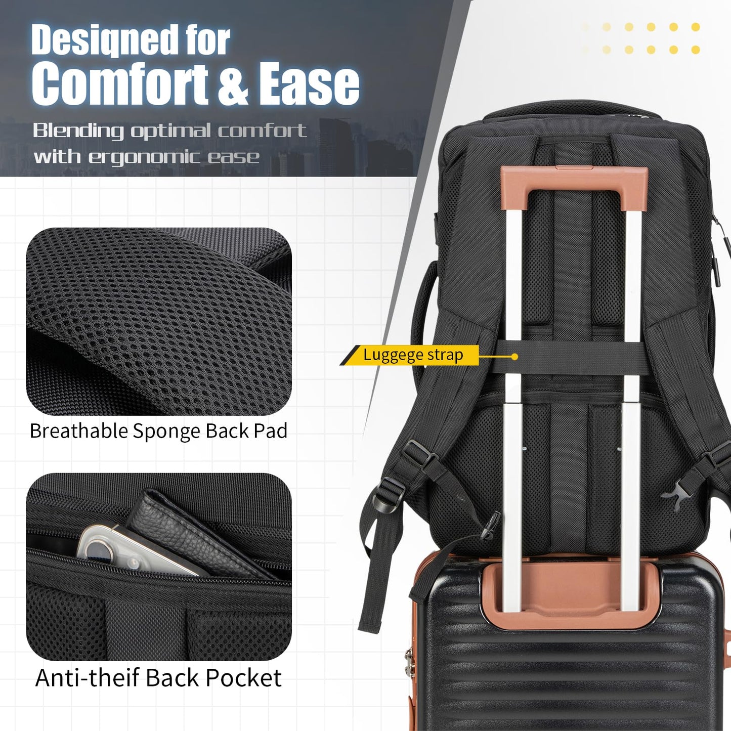 Velaybor 42L Travel Backpack with 4 Packing Cubes, TSA Friendly Flight Approved Carry-On Bag with USB Charging Port, Water-Resistant Weekender Business Backpack for Men Women, Fits 17.3" Laptop(Black)