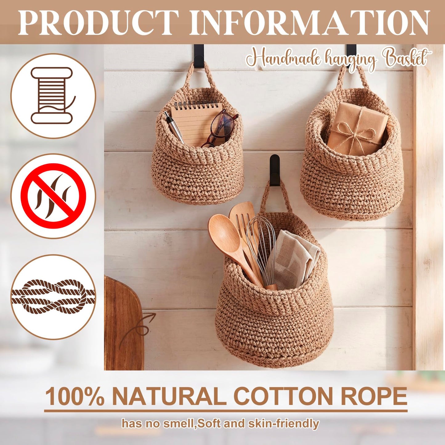 Honeydak Boho Decor Hanging Wall Baskets for Kitchen 3 Pack Teardrop Baskets with Hooks Storage Fruit Onion Vegetable Potato for Home 3 Sizes(Light Linen,Barrel,Cotton Rope)