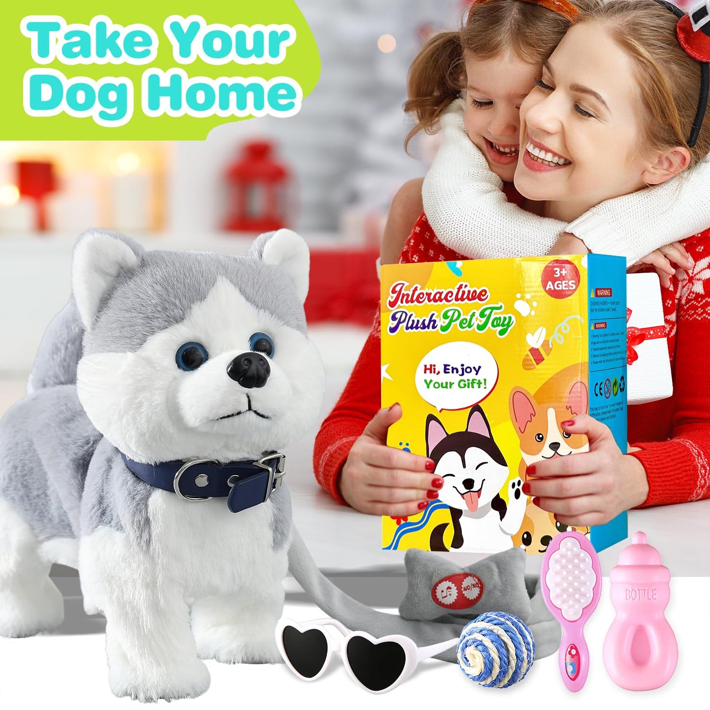 Husky Walking Dog Barking Toy, Musical Singing Dancing Dog, Volume Control Interactive Puppy Walk Along with Leash, Wagging Tail Shaking Head, Robot Dog Plush Stuffed Animal Puppy