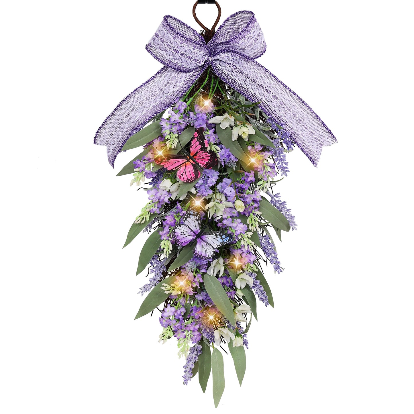 Jusdreen LED Teardrop Floral Wreath with Butterflies, Faux Lavender Hanging Decor with Lights for Farmhouse Home