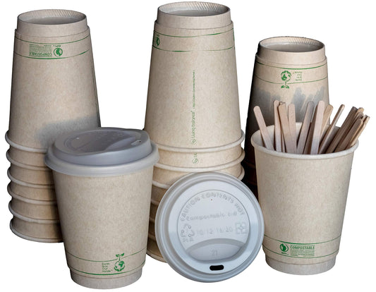 Certified Compostable Coffee Cups by Living Balance | 12oz - 100 cups with Compostable Lids, Stirrers, and Integrated Sleeves