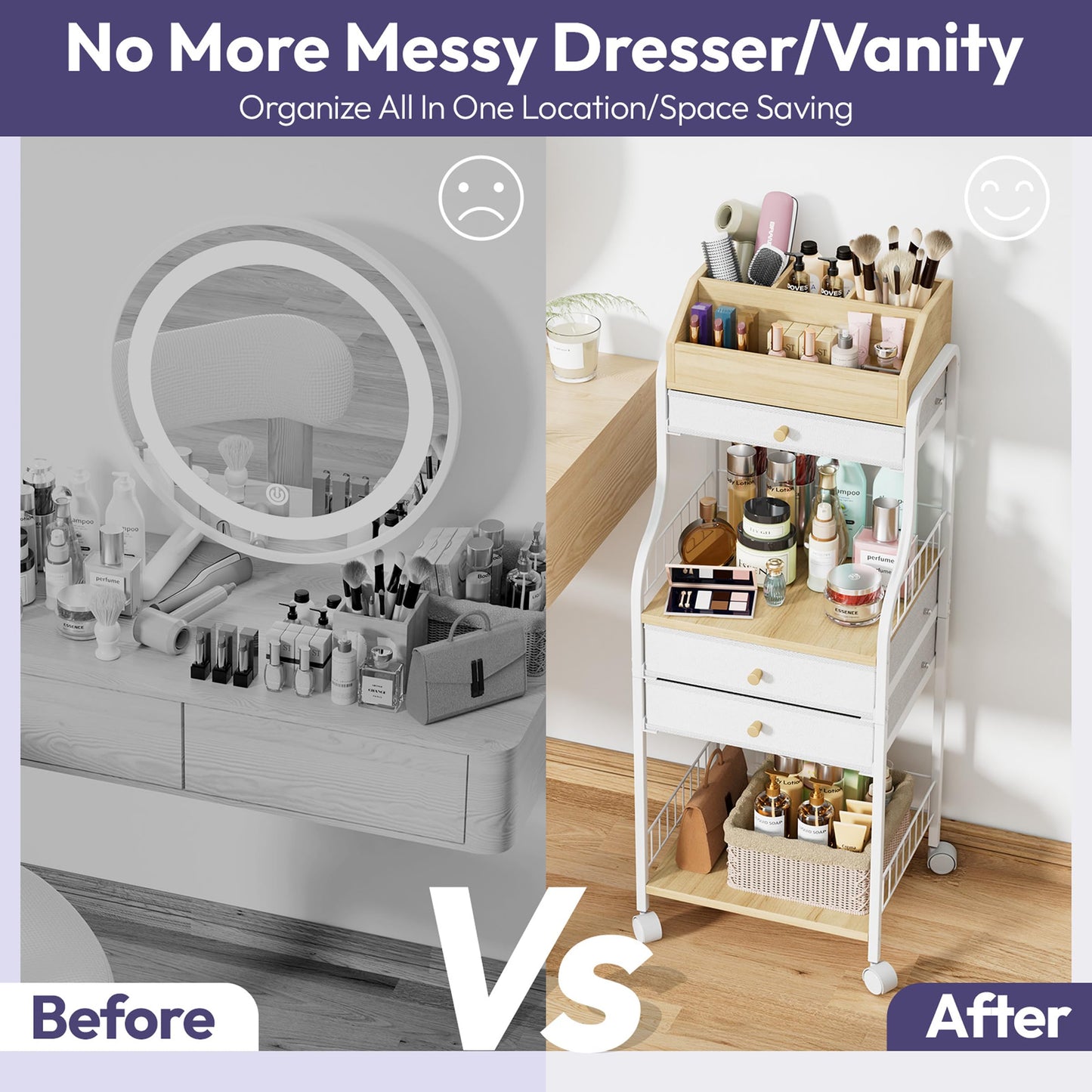 SWTYMIKI Rolling Makeup Organizer Cart - Floor Skincare Storage with Non-woven Drawers, Vanity Organizer Cosmetic Display Cases with Wheels, Cabinet for Skin Care Perfume Nail Polish Brush Hair Tool