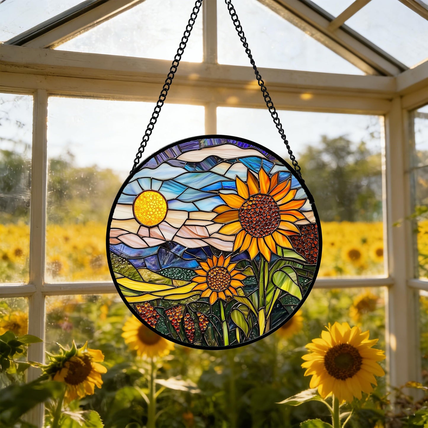 AMDERVEN Stained Glass Suncatcher, Sunflower Flowers Landscape Sun Catcher Plant Mountains Stain Glass Window Hanging Decoration Mother's Day Birthday Gifts for Women Men Mom Nana 7.8 in