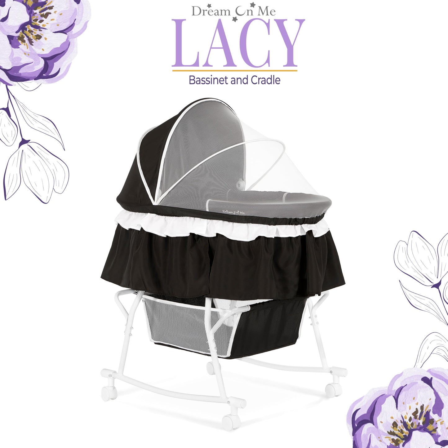 Dream On Me Lacy Portable 2-in-1 Bassinet & Cradle with Full Canopy, Storage Basket, Locking Wheels, Lightweight Frame, BSA Certified, Includes 1” Mattress Pad -Black